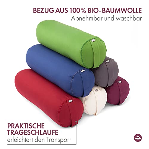 Bodhi | Yoga Bolster Eco | 100% algodón orgánico | Rollo de yoga con relleno de espelta orgánica | Funda lavable | Cojín de yoga redondo para ejercicios de yoga | Grande 65 x 22 cm | Lila