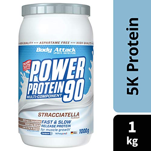 Body Attack Power Protein 90, Crema de Stracciatella, 1 kg, 5 K de proteína en polvo con proteína de suero, L-carnitina y BCAA para el desarollo de los músculos y el fitness