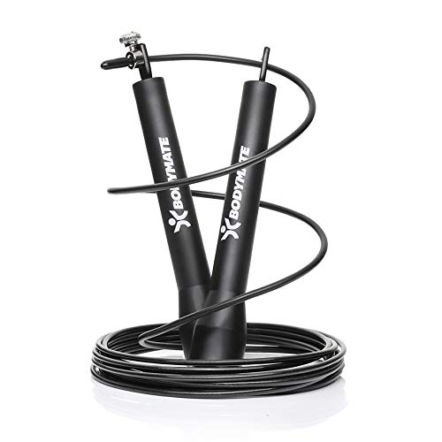 BODYMATE Speed Skipping Rope | Comba prémium con rodamientos de Bolas de Alto Rendimiento | Cuerda de Acero Ajustable con protección Extra contra el Desgaste | para Crossfit, Core, Boxeo