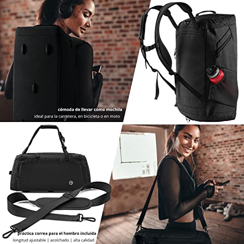 Bolsa Deporte Fitness + Mochila Función y Compartimento para Zapatos: Separada Seco y Humedo | 40L Deportivo Viaje Gimnasio Natacion Fin de Semana Travel Duffle Bag Equipaje Mano Negro | Hombre Mujer