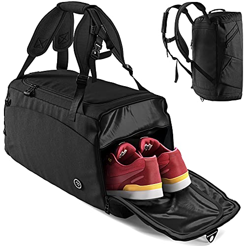 Bolsa Deporte Fitness + Mochila Función y Compartimento para Zapatos: Separada Seco y Humedo | 40L Deportivo Viaje Gimnasio Natacion Fin de Semana Travel Duffle Bag Equipaje Mano Negro | Hombre Mujer