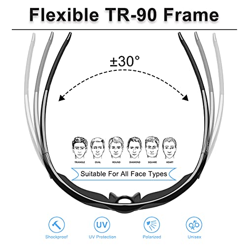 BONDDI Gafas de Sol Deportivas, Gafas de Sol Deportivas Polarizadas para Hombre y Mujer, Protección UV400, Montura TR90 Ligera y Envolvente para Ciclismo Pesca Golf Running Conducción Esquí Senderismo