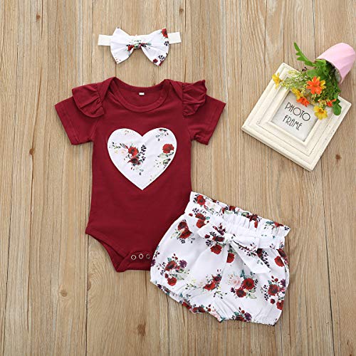 Bonfor 3 Pcs Ropa Bebe Niña 0-3 Meses Conjunto Verano Impresión de Amor Mono de Floral + Pantalón Corto + Banda de Pelo para Recien Nacido Niño 0-24 Meses Algodon Barata TMOYJPX (A, 0-6 Meses)