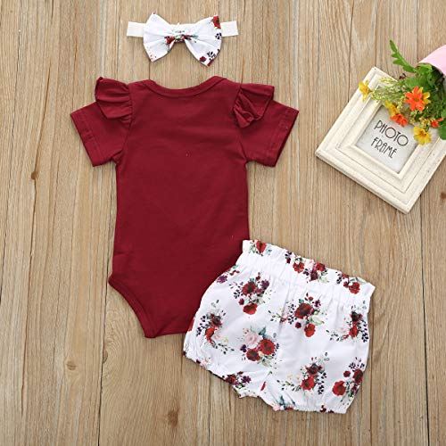 Bonfor 3 Pcs Ropa Bebe Niña 0-3 Meses Conjunto Verano Impresión de Amor Mono de Floral + Pantalón Corto + Banda de Pelo para Recien Nacido Niño 0-24 Meses Algodon Barata TMOYJPX (A, 0-6 Meses)