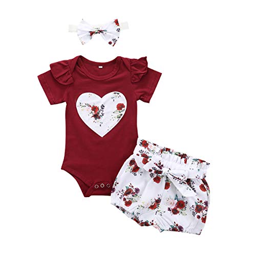 Bonfor 3 Pcs Ropa Bebe Niña 0-3 Meses Conjunto Verano Impresión de Amor Mono de Floral + Pantalón Corto + Banda de Pelo para Recien Nacido Niño 0-24 Meses Algodon Barata TMOYJPX (A, 0-6 Meses)