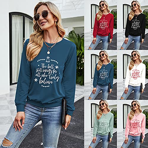 Bonfor Sudaderas Mujer sin Capucha Manga Larga Baratas Impresión de Cartas - Tops Suéter Camiseta Mujer Deporte Ancha Originales Otoño e Invierno (Cian Oscuro, M)