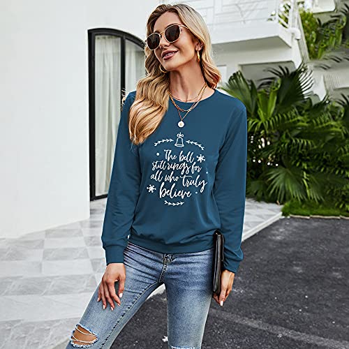 Bonfor Sudaderas Mujer sin Capucha Manga Larga Baratas Impresión de Cartas - Tops Suéter Camiseta Mujer Deporte Ancha Originales Otoño e Invierno (Cian Oscuro, M)