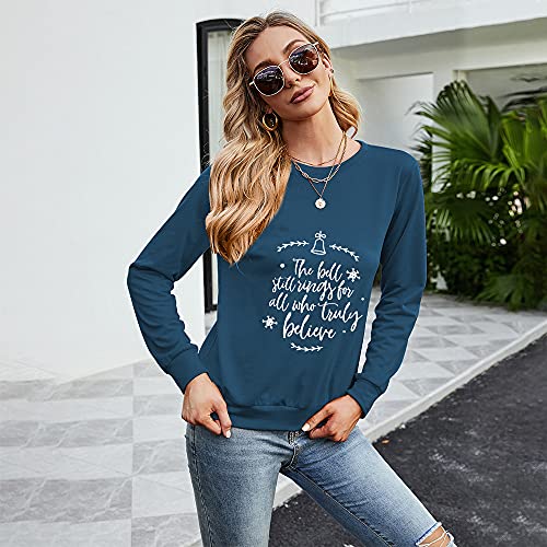 Bonfor Sudaderas Mujer sin Capucha Manga Larga Baratas Impresión de Cartas - Tops Suéter Camiseta Mujer Deporte Ancha Originales Otoño e Invierno (Cian Oscuro, M)