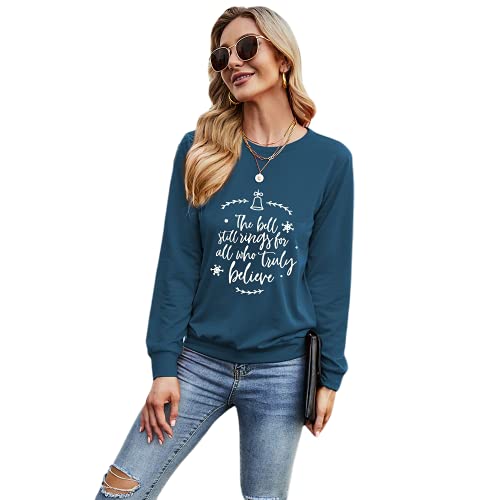 Bonfor Sudaderas Mujer sin Capucha Manga Larga Baratas Impresión de Cartas - Tops Suéter Camiseta Mujer Deporte Ancha Originales Otoño e Invierno (Cian Oscuro, M)