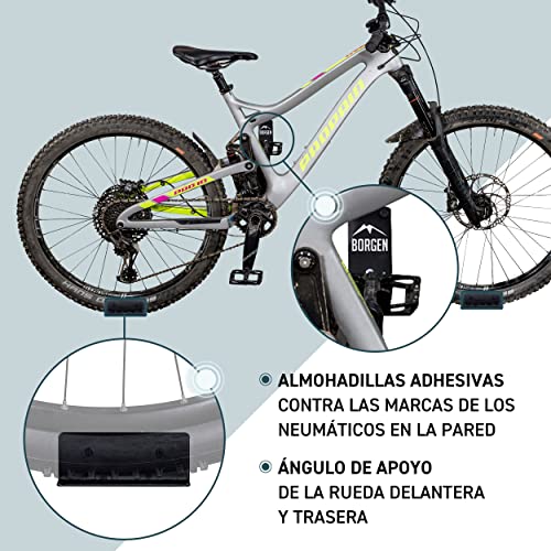 Borgen Gancho bicicleta pared para colgar por el pedal bicis eléctricas, bicicletas de carretera, MTB, gancho de pared con marco de apoyo y almohadillas de protección de pared