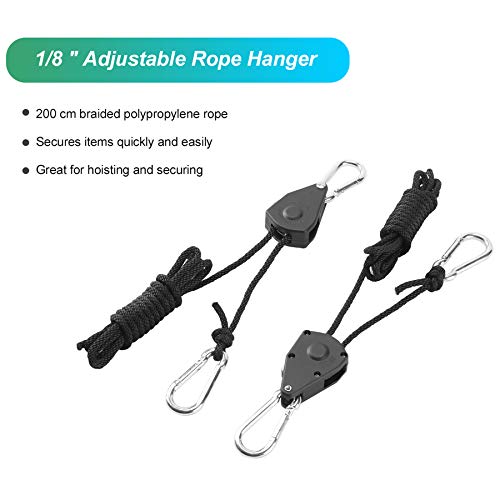 BOSYTRO 4 Pares（8 Piezas） Rope Ratchet con Ganchos Trinquete de Cuerda de Suspención 1/8 Inch para jardinería jardín Cultivar Hidropónica Colgar Reflectores Filtros de carbón LED Lampe,hasta 68 kg