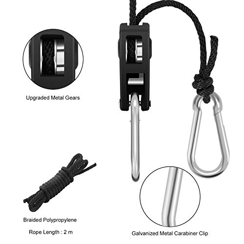 BOSYTRO 4 Pares（8 Piezas） Rope Ratchet con Ganchos Trinquete de Cuerda de Suspención 1/8 Inch para jardinería jardín Cultivar Hidropónica Colgar Reflectores Filtros de carbón LED Lampe,hasta 68 kg