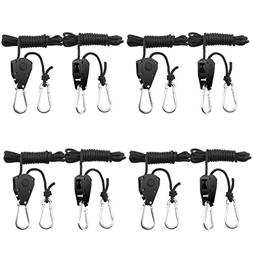 BOSYTRO 4 Pares（8 Piezas） Rope Ratchet con Ganchos Trinquete de Cuerda de Suspención 1/8 Inch para jardinería jardín Cultivar Hidropónica Colgar Reflectores Filtros de carbón LED Lampe,hasta 68 kg