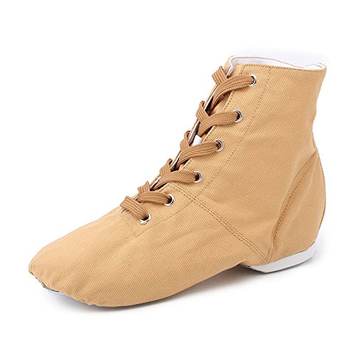 Botas de baile de jazz para mujer de lona sobre el tobillo con cordones de salón de baile moderno zapatos de baile, Tan, 39 EU