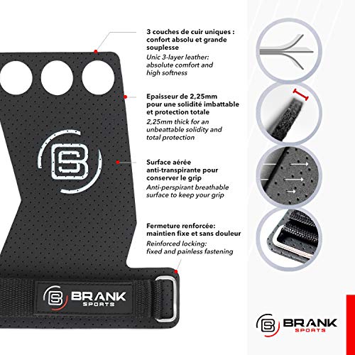 BRANK SPORTS Calleras para Crossfit de Cuero Panther 2 y 3 Agujeros para protección de Las Manos | para Gimnasia, o calistenia | Extensión de la garantía ofrecida (3H, S)