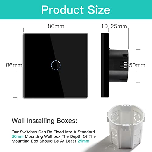 BSEED Interruptor de Luz 1 Gang 1 Vía interruptor tactil pared Negro con indicador LED,Interruptor de Luz con panel de vidrio templado,sin cable neutro (Carga máxima:500W)