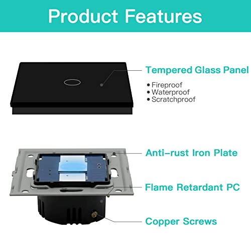 BSEED Interruptor de Luz 1 Gang 1 Vía interruptor tactil pared Negro con indicador LED,Interruptor de Luz con panel de vidrio templado,sin cable neutro (Carga máxima:500W)