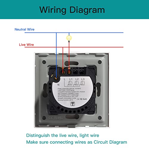 BSEED Interruptor de Sensor Táctil WIFI Inteligente (Se Requiere Línea Neutra) Alexa y Google Home Work con Tuya Para Interruptores de Luz de Pared con Placa de Cristal Negro 1 Gang 1 Vía Negro