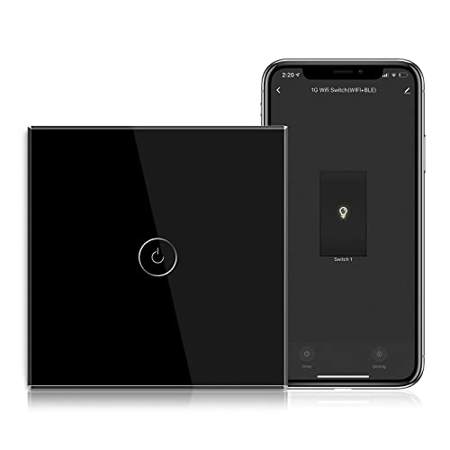 BSEED Interruptor de Sensor Táctil WIFI Inteligente (Se Requiere Línea Neutra) Alexa y Google Home Work con Tuya Para Interruptores de Luz de Pared con Placa de Cristal Negro 1 Gang 1 Vía Negro