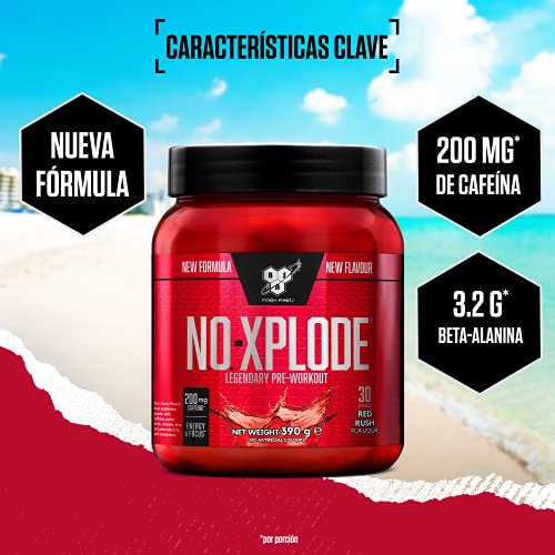 BSN N.O.-Xplode Pre-workout Powder, Suplemento Deportivo con Cafeína, Aminoácidos, Vitamina C y Zinc, Red Rush, 30 Porciones, 390 g, Embalaje Puede Variar