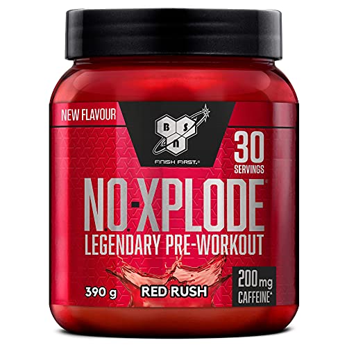 BSN N.O.-Xplode Pre-workout Powder, Suplemento Deportivo con Cafeína, Aminoácidos, Vitamina C y Zinc, Red Rush, 30 Porciones, 390 g, Embalaje Puede Variar