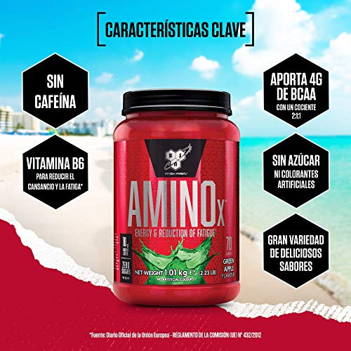 BSN Nutrition Amino X, Suplementos Deportivos BCAA Polvo con Aminoacidos Esenciales y Vitamina D, Aminoacidos BCAA para Musculacion, Manzana Verde, 70 Porciones, 1kg