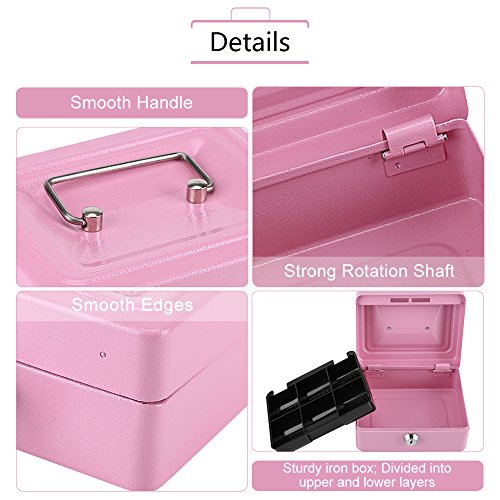 Caja Fuerte Portátil con Cerradura de llave Caja de Seguridad de Metal de Doble Capa Cajas de Caudales de Almacenamiento de Monedas (Pink)