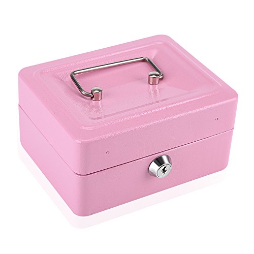 Caja Fuerte Portátil con Cerradura de llave Caja de Seguridad de Metal de Doble Capa Cajas de Caudales de Almacenamiento de Monedas (Pink)