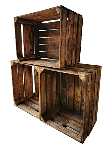 Cajas de Madera flameadas en práctico Juego de 3 Unidades, 50 x 40 x 30 cm: Cajas de Fruta Originales y Vintage, Cajas de Manzanas de la Antigua Tierra para la construcción de Muebles o decoración