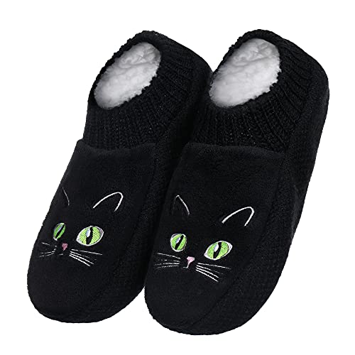 Calcetines de mujer Fuzzy Slipper Calcetines de casa antideslizantes suaves de punto de invierno con pinzas Cute Cat (Negra, 41/42, x_l)