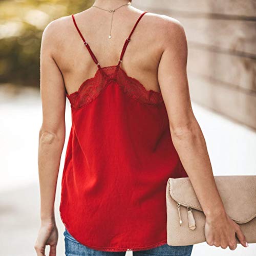 Camisetas Mujer SHOBDW Top De Satén De Seda Verano Playa Camisola Tops De Chaleco Liso con Tiras Sexy Blusa De Las Señoras Camisetas Sin Mangas Casuales Cami Tops para Mujeres(Rojo,S)