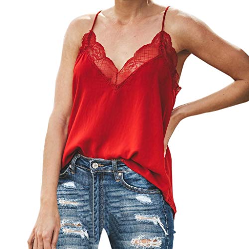 Camisetas Mujer SHOBDW Top De Satén De Seda Verano Playa Camisola Tops De Chaleco Liso con Tiras Sexy Blusa De Las Señoras Camisetas Sin Mangas Casuales Cami Tops para Mujeres(Rojo,S)