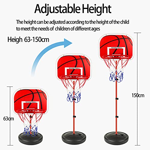 Canasta Baloncesto y Soporte Infantil, AolKee Canasta Baloncesto Portátil de 63 CM-150 cm para niños, Ajustable Aro de Baloncesto para Interior y Exterior, con 3 Bolas, Red, Bomba