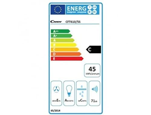Candy CFT610/5S, Campana extractora 60 CM, 3 Niveles de Potencia, 87,5W, 208M3/H, Filtros de Carbono, Panel Aluminio Antigrasa, Iluminación LED, 55/71 DB, Clase C, Inox