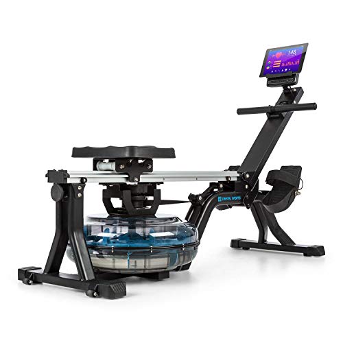 CAPITAL SPORTS Flow - Máquina de Remo de Agua, Máquina de Remo Profesional, 80 cm de Largo, Ordenador con Pantalla LCD, Soporte para tabletas, Aluminio y Acero, 8 Niveles/máx. 13 litros, Negro