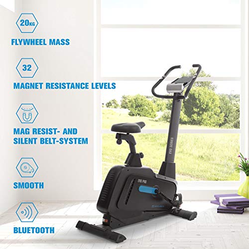 CapitalSports Capital Sports EVO Pro - Bicicleta estatica, Bici Fitness estatica, Modos de Entrenamiento, Bluetooth, 32 Niveles, Aplicación, Volante inercia 20kg , Soporte Tablet, Pulsómetro, Negro