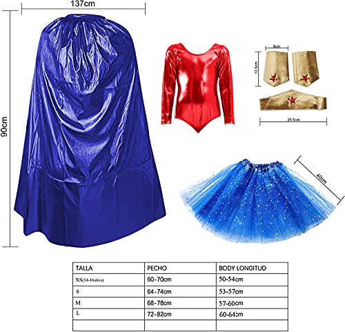 Carnavalife Disfraz Superhéroe Poder Niña Mujer, Conjunto Falda Tutú con Estrella, Maillot Body, Capa, Pulseras,Tocado y Medias (Pack azul superwoman, L)