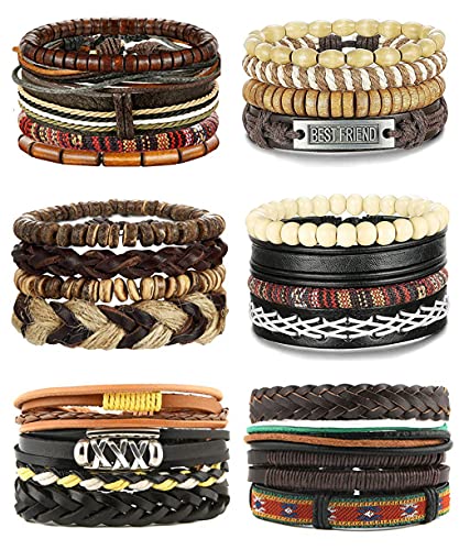 CASSIECA 25Pcs Cuero Pulseras para Hombres Mujer Trenzado Pulsera Cordones de Cáñamo Cuentas de Madera Cuerda Brazalet Vintage Pulsera Ajustable