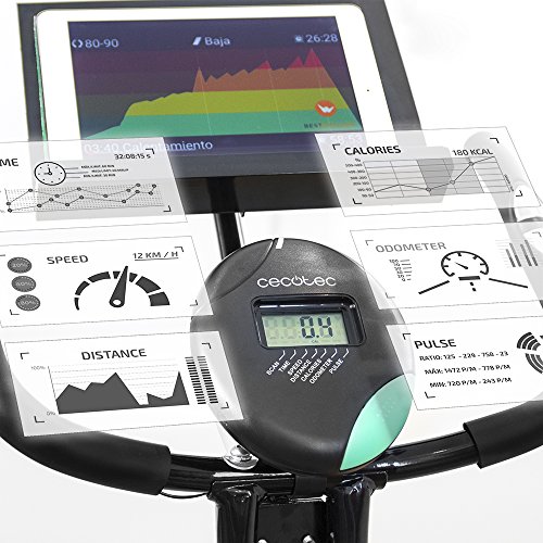 Cecotec Bicicleta Estática Plegable con Volante de Inercia de 2,5 Kg X-Bike Pro. Sistema Silence Fit, Respaldo, Manillar y Sillín Regulable, Pulsómetro, Pantalla LCD, Ruedas, Peso máximo 100 Kg