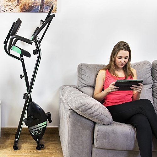 Cecotec Bicicleta Estática Plegable con Volante de Inercia de 2,5 Kg X-Bike Pro. Sistema Silence Fit, Respaldo, Manillar y Sillín Regulable, Pulsómetro, Pantalla LCD, Ruedas, Peso máximo 100 Kg