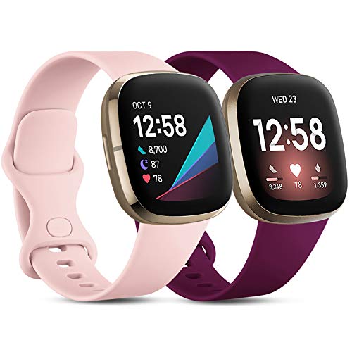 CeMiKa 2 Paquete Correa Compatible con Fitbit Versa 3 Correa/Fitbit Sense Correa, Suave Deportiva de Repuesto Correa Compatible con Fitbit Versa 3/Sense, Rosa/Fucsia