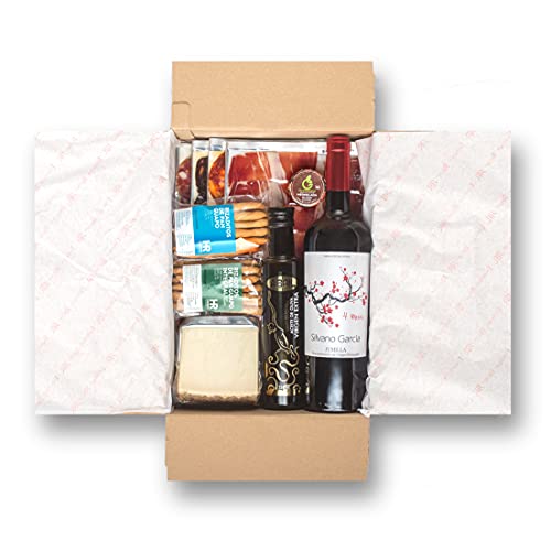 Cesta Gourmet Regalo - Lote Embutidos Gourmet - Embutidos Ibericos, Queso, Rizaditos de Pan Guapo, Mermelada de Pisto Vegana, Vino Tinto, Aceite Oliva Virgen Extra (Sin Lazo)