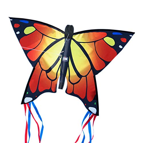 CIM Cometa de Mariposa - Butterfly ORANGE- Cometa de una sola línea para niños mayores de 3 años - 58 x 40 cm - incl. 20 m hilo de cometa - con tiras de 195 cm en la cola de arco