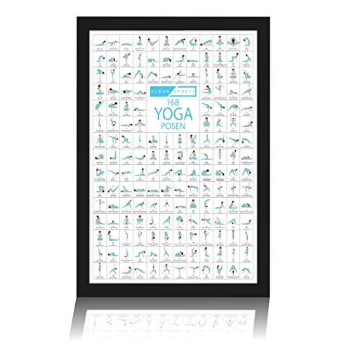 CLEAN SPORTS® Póster de yoga DIN A2 168 poses y asanas, accesorio para estudios de yoga y casa, idea de regalo perfecta, ejercicios de fitness chakra para principiantes y profesionales | sin marco