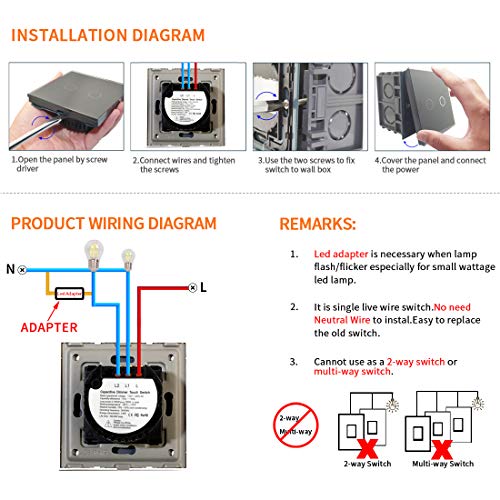 CNBINGO Doble regulador de intensidad para luces LED, interruptor táctil negro, con panel táctil de cristal y LED de estado, no se necesita conductor neutro, interruptor de 2 posiciones de 1 pin.