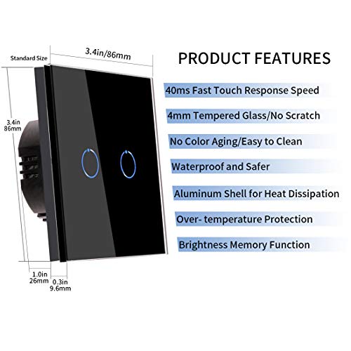 CNBINGO Doble regulador de intensidad para luces LED, interruptor táctil negro, con panel táctil de cristal y LED de estado, no se necesita conductor neutro, interruptor de 2 posiciones de 1 pin.