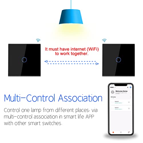 CNBINGO Interruptor de luz Wi-Fi, interruptor táctil inteligente, funciona con Alexa/Google Home, panel táctil de cristal y LED de estado, 1 compartimento de 1 polo, color negro.