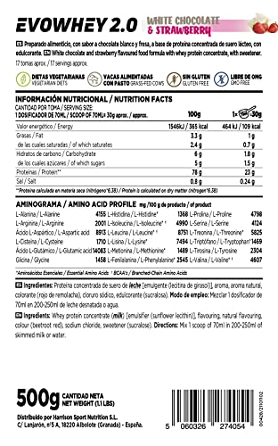 Concentrado de Proteína de Suero de HSN Evowhey Protein 2.0 | Sabor Fresa Choco Blanco 500 g = 17 Tomas | Whey Protein Concentrate para Ganar Masa Muscular | No-GMO, Vegetariano, Sin Gluten ni Soja