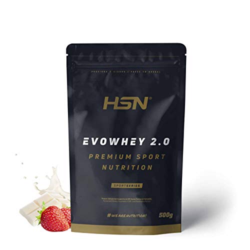 Concentrado de Proteína de Suero de HSN Evowhey Protein 2.0 | Sabor Fresa Choco Blanco 500 g = 17 Tomas | Whey Protein Concentrate para Ganar Masa Muscular | No-GMO, Vegetariano, Sin Gluten ni Soja