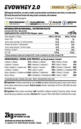 Concentrado de Proteína de Suero de HSN Evowhey Protein 2.0 | Sabor Vainilla 2 Kg = 67 Tomas por Envase | Batido Proteínas Whey para Ganar Masa Muscular | Rico en BCAAs y Glutamina